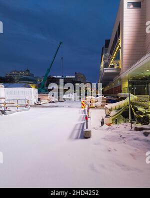 Turku, Finland - December 24, 2021: Vertical View of the Center of Downtown Turku Where Construction is Going on for New Medical City. Stock Photo