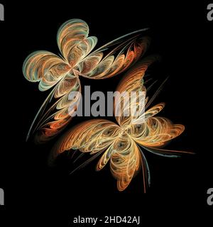 Fractals, two different beautiful abstract butterflies on a black square background Stock Photo