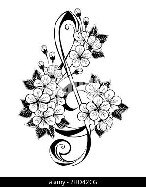 Black, contoured treble clef with artistic, contour Japanese cherry blossoms on white background. Contour Sakura. Stock Vector