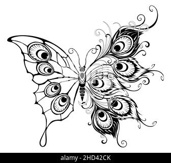 Artistically drawn, contoured, isolated, unusual peacock butterfly, with wings decorated with peacock feathers.Butterfly tattoo style. Stock Vector