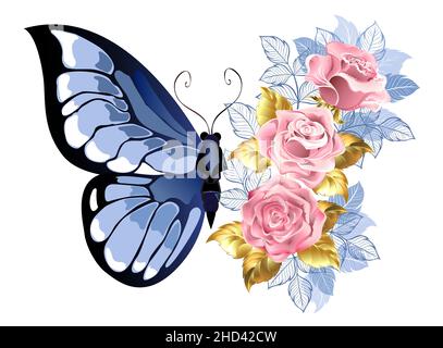 Composition of blue butterfly and bouquet of delicate, pink roses with blue and gold jewelry leaves on white background. Stock Vector