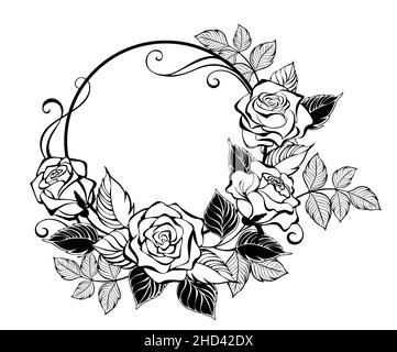 Round frame, decorated with outline, artistically drawn branch of rose with stylized leaves on white background. Contour rose. Stock Vector