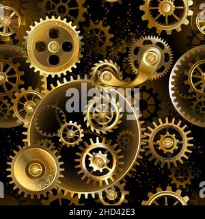 Seamless, metal, brass, gold gears on rusty dark background. Steampunk style. Stock Vector