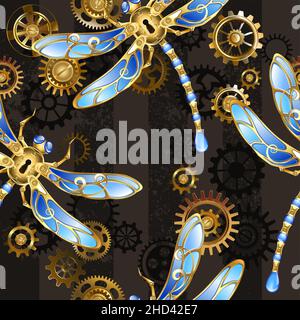Seamless texture with mechanical, golden dragonflies, decorated with blue, glass wings with gold and brass gears on a striped, textured, brown backgro Stock Vector