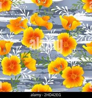 Seamless pattern with blooming, orange California poppies on gray splash painted background. Cozy design. Stock Vector