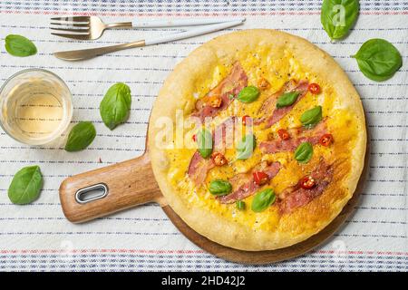 Pizza Carbonara with eggs and bacon Stock Photo
