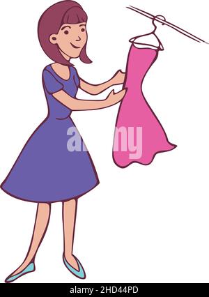 Vector illustration of woman with dress on hanger. Colored and depicted by a line. Stock Vector