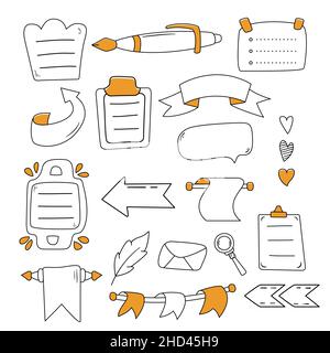 Set of frames, ribbons design elements for journal.Outline vector illustration.Isolated on white background. Stock Vector