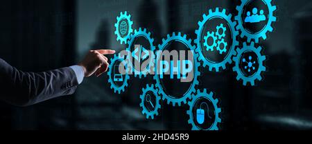 Businessman is pressing on the virtual screen php. Stock Photo