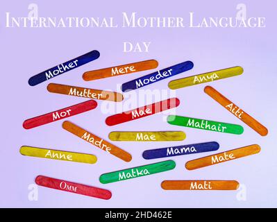 Some colored slats with the word Mother written in different languages Stock Photo