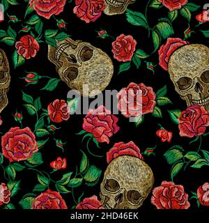 Skull roses seamless pattern. Clothing prints, skulls and flowers on dark background. Gothic, rock vintage template. Dead day nowaday vector design Stock Vector
