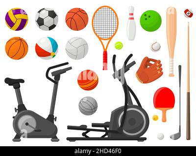 Cartoon sport equipment. Ball collection, flat balls and racket, golf accessories. Gym elements, sporting and outdoor activity recent vector objects Stock Vector