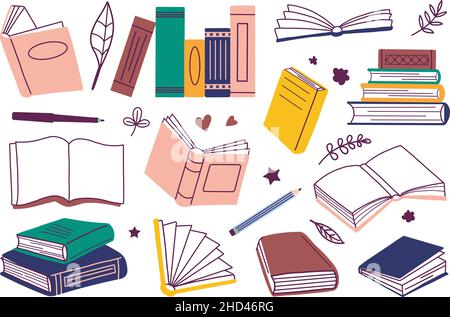 Isolated doodle books. Sketchy book stack, colorful notebook and dictionary. Kids library, read time. Pen and pencil, flat school, university Stock Vector