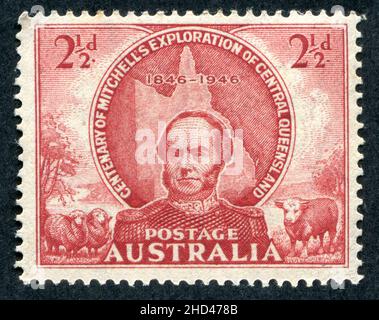 A 1946 issue 2 1/2d Australian postage stamp commemorating the Centenary of Sir Thomas Mitchell's exploration of Central Queensland, Australia. The stamp was designed and engraved by Frank D. Manley. Stock Photo