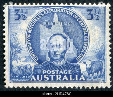 A 1946 issue 3 1/2d Australian postage stamp commemorating the Centenary of Sir Thomas Mitchell's exploration of Central Queensland, Australia. The stamp was designed and engraved by Frank D. Manley. Stock Photo