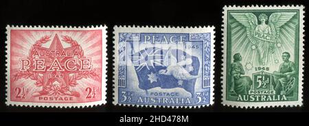 A set of 1946 issue Australian postage stamps entitled ‘Peace 1945’ commemorating the end of the Second World War. The stamps were designed by Frank D. Manley and George Lissenden and engraved by Manley. Stock Photo