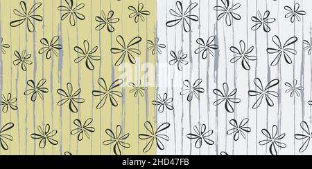 Grunge vertical Line, Floral seamless Pattern. Hand drawn ink brush doodle style stripes, flowers in grey, black. Yellow, white easy editable color Stock Vector