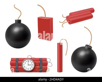 Dynamite stick. Realistic bombs firecracker fire explosion dangerous weapons decent vector pictures set Stock Vector