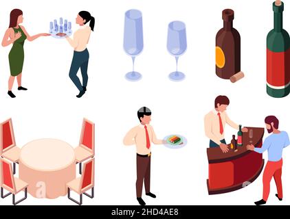 Catering service. Banquet event outdoor celebration party restaurant waitress garish vector caters isometric illustration Stock Vector