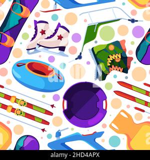 Winter objects pattern. Outdoor active recreation sport activity items snowmobiles sleds skis garish vector seamless background Stock Vector