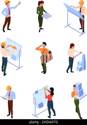 Engineers working. Architects and designers making architectural projects buildings production supervisor and architector colaboration Stock Vector