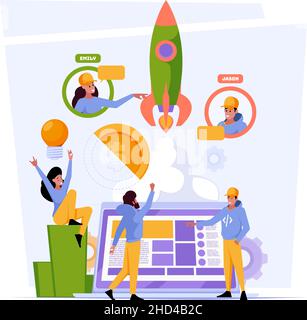 Startup concept. Business characters analyzing successful interesting project team working of manager consult developers garish vector colored Stock Vector