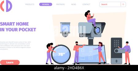 Smart home landing. Secure house system for comfortable life happy people garish vector web page template with place for text Stock Vector