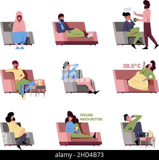 Sick persons. Recreation processes of sickness people recovering characters of flu man on sofa garish vector colored concept pictures Stock Vector