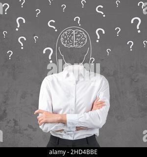 Collage of confused woman with drawing of head with brain and question marks on grey studio background Stock Photo