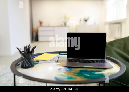 Modern Laptop With Black Empty Screen On Table, Mockup Stock Photo