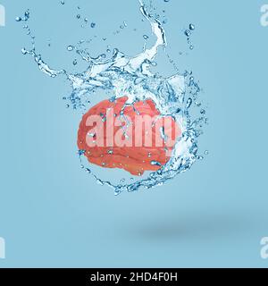 Creative minimal scene with a human brain and water splash. Artificial intelligence concept with refresh. Stock Photo