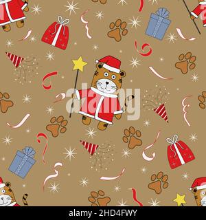 seamless pattern with a tiger in a Santa costume Stock Vector