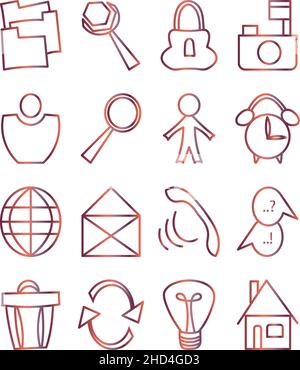Set of minimal isolated icons drawing in flat style and gradient colored Stock Vector