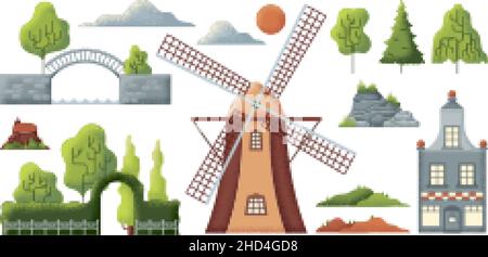 Natural landscape elements. Isolated green tree, mountain and stones. Rural textured objects. Flat mill, brick bridge and house, swanky vector set Stock Vector