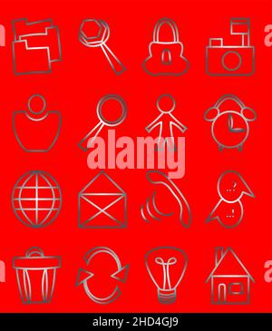 Set of minimal isolated icons drawing in flat style and colored in silver gradient Stock Vector