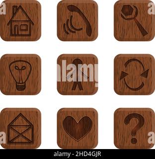 Set of minimal isolated icons drawing with gradient on wood grain texture Stock Vector