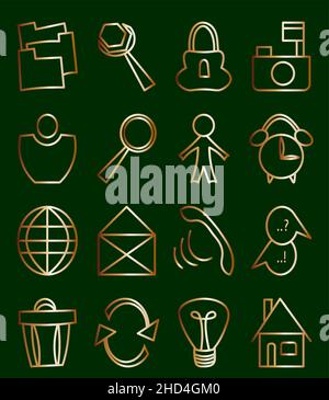 Set of minimal isolated icons drawing in flat style and colored in golden gradient Stock Vector