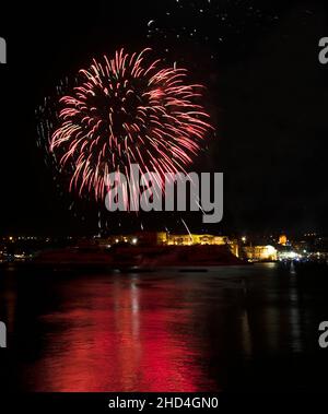 Colorful Amazing Fireworks In Kalkara, Malta With City View And ...