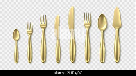 Golden 3d cutlery. Realistic spoons, forks and knives, luxury cutlery, yellow metal top view tableware, serving table dining utensils, restaurant and Stock Vector