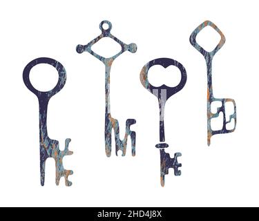 Old vintage key set, isolated, white background. Hand drawing doodle, tracing. Vector illustration Stock Vector