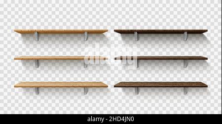Realistic wooden store shelves. Dark and light timber library racking. 3D hanging wall exhibition stands for product presentation. Empty interior Stock Vector