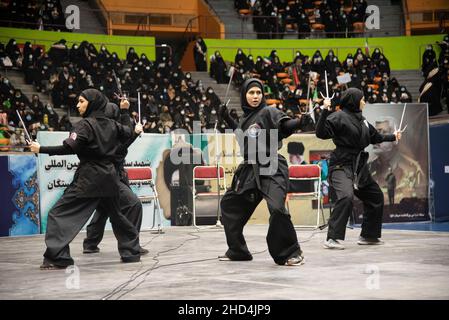 Tehran, Iran. 01st Jan, 2022. A group of women shows their martial arts during the gathering of Qasem Soleimani's supporters in Tehran, Iran . the Iranian former Islamic Revolutionary Guard Corps (IRGC) Quds Force General Qasem Soleimani was killed in an American drone attack in Baghdad airport. (Photo by Sobhan Farajvan/Pacific Press/Sipa USA) Credit: Sipa USA/Alamy Live News Stock Photo