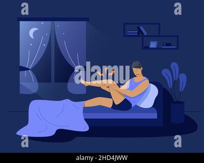 Night cramps. Man in bed woke up sudden sharp pain numb insensible legs, muscle cramp, ache injured joint, fatigue male foot, character suffering from spasms vector. Illustration of leg painful cramp Stock Vector