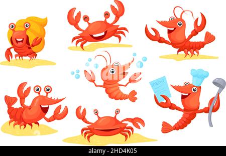 Cartoon cute crustaceans. Prawns shrimp crab prawn lobster crawfish crayfish shellfish mascot, seafood characters, funny ocean and sea animals, icons vector illustration. Prawn and shrimp crustacean Stock Vector