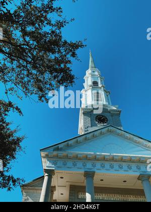 Vertical low angle shot of the Independent Presbyterian Church of Savannah. Georgia, United States. Stock Photo