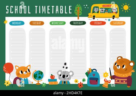 School animals timetable. Educational week planner. Students characters. Koala with books. Primary school document. Studying bear and fox. Graduation Stock Vector