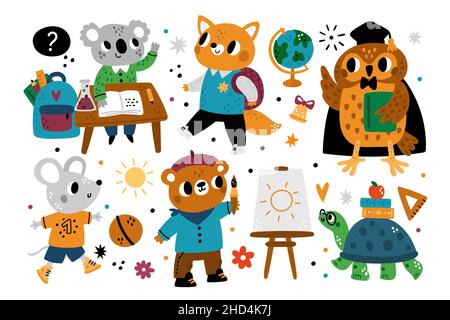 Cute school animals. Kids cartoon characters with educational supplies. Students study or paint. Wise owl in mantle. Turtle with books. Mouse play Stock Vector