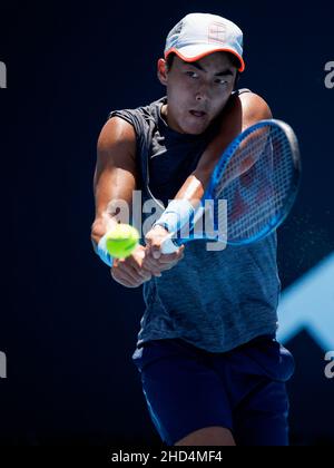 Rinky Hijikata of Australia in action during Day 1 of the Kooyong Classic  Tennis Tournament last match against Zhang Zhizhen of China at Kooyong Lawn  Tennis Club. Melbourne's summer of tennis has