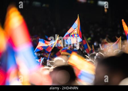 Barcelona, Spain. 3rd January 2022: Nou Camp, Barcelona, Spain; FC Barcelona Press conference to introduce new signing Ferran Torres and training sessions: FC Barcelona flags during the FC Barcelona training session at Camp Nou Stadium Credit: Action Plus Sports Images/Alamy Live News Stock Photo