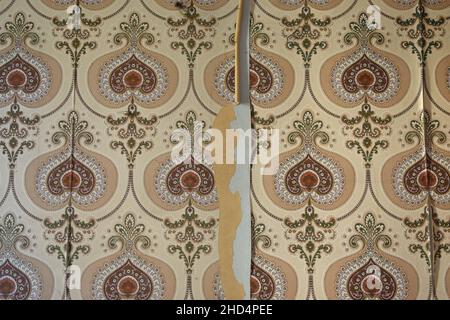 Vintage torn and crumpled wallpaper with retro floral pattern. Stock Photo